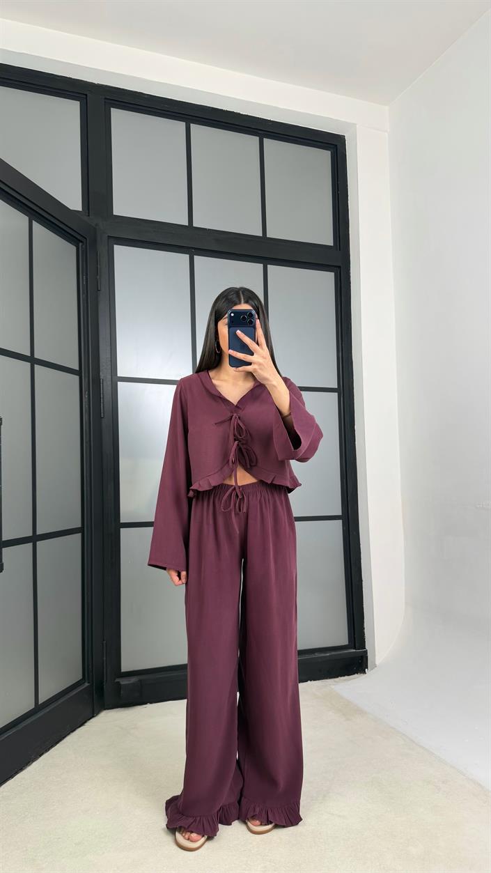 Mürdüm Önden Bağlamalı Gömlek Beli Lastikli Pantolon İkili Tencel Takım GAUS-01336