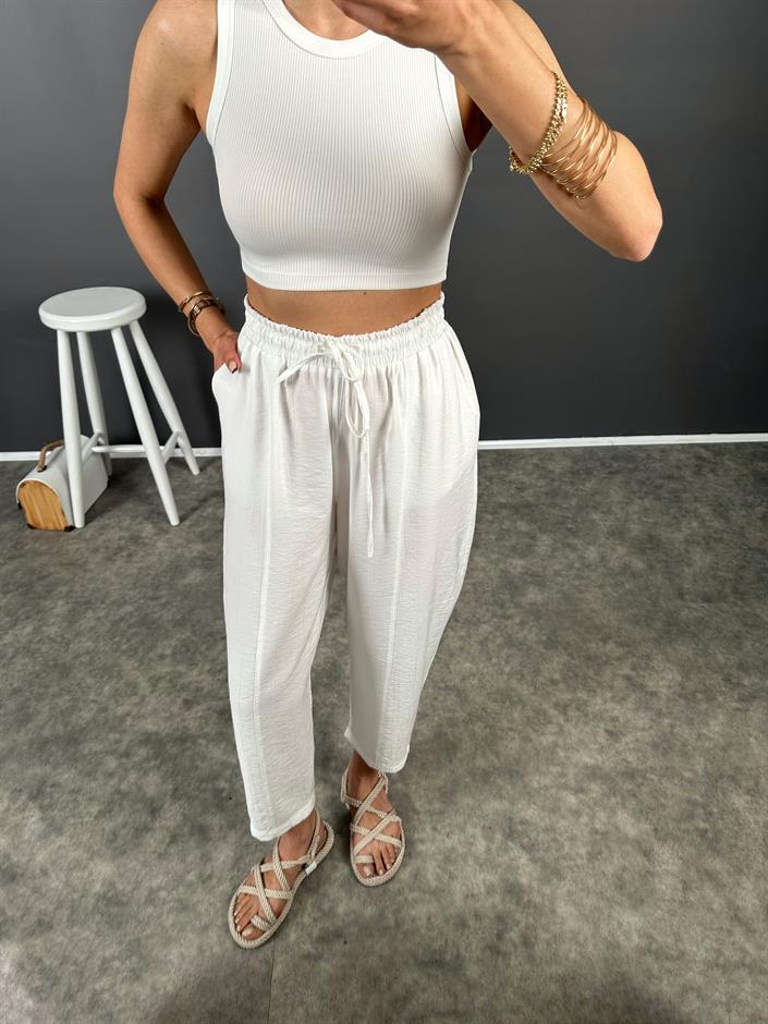 Dux Beyaz Beli Lastikli Şalvar Pantolon