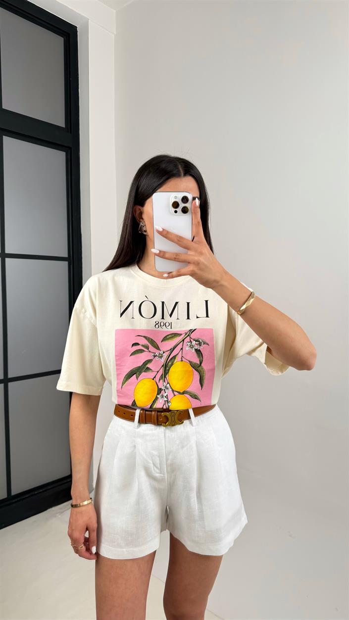 Ekru Limon Baskılı Basic Tshirt Gaus00416