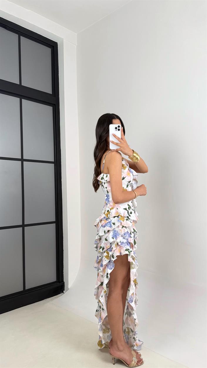 Beyaz Çiçek Desenli Ayarlanabilir Askılı Asimetrik Kesim Astarlı Şifon Elbise Gaus00540