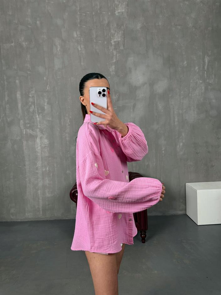 Softi Pembe Kalp Punç İşlemeli Pinterest Tasarım Müslin Gömlek