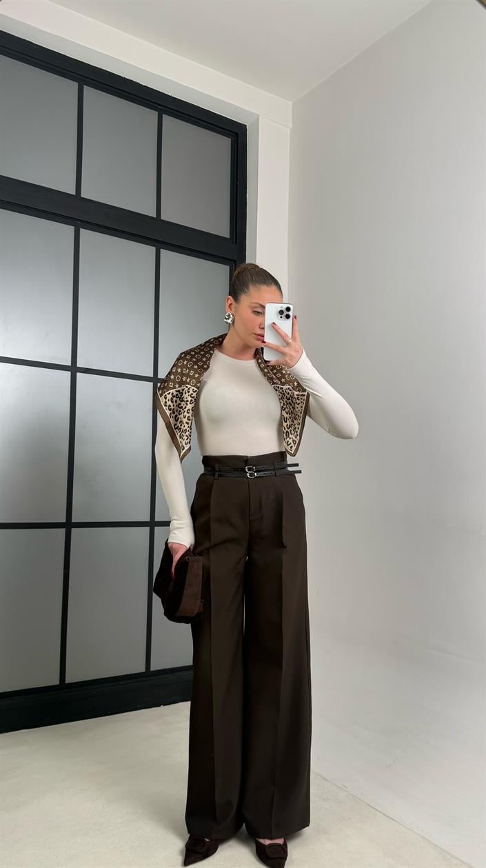 Acı Kahve Çift Kemerli Pileli Kumaş Pantolon GAUS-00896