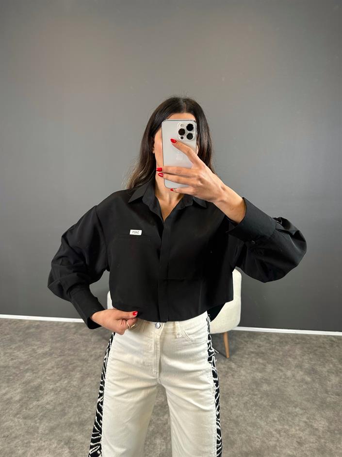 Cardi Siyah Baskılı Crop Gömlek 