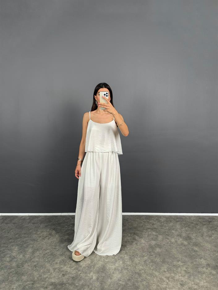 Blon Beyaz İp Askılı  Crop Bluz Bol Paça Pantolon Zr Model İkili Takım