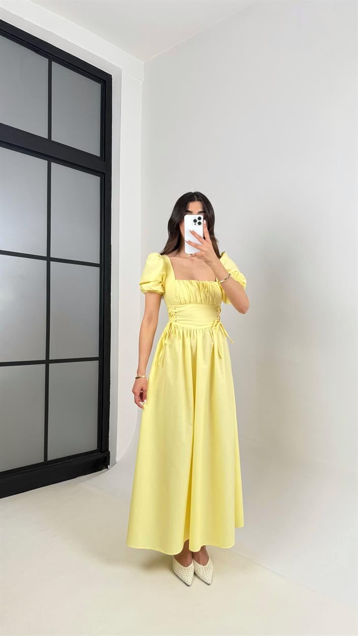 Sarı Balon Kol Önü Büzgülü İthal Kumaş Elbise Gaus00425