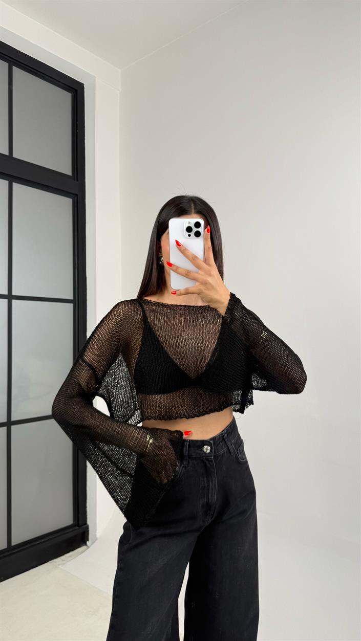 Siyah Kolu Volanlı Merserize Bluz GAUS-0061