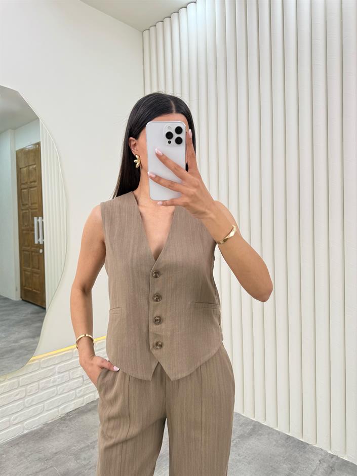 Kahve Yelekli Beli Lastikli Pantolon İkili Keten Takım Gaus00276