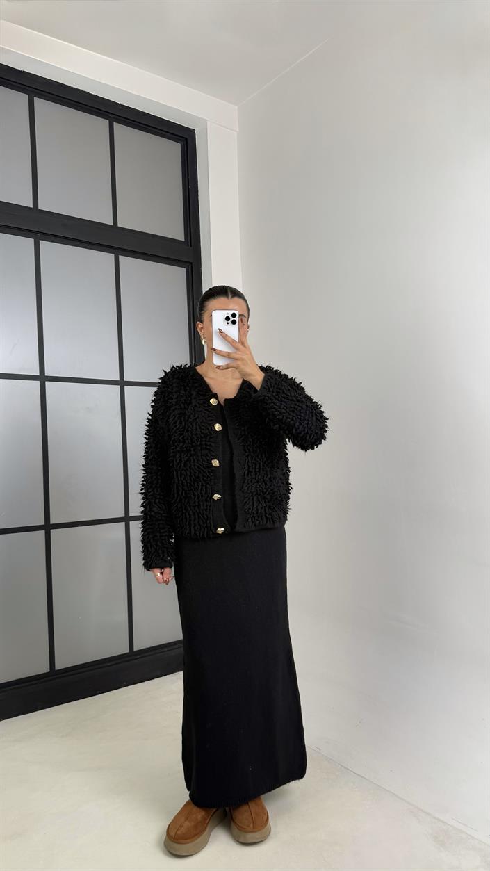 Siyah Saçaklı Hırka Elbise 2li Triko Takım GAUS-00482