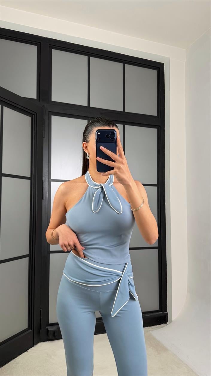 Mavi OYS Model Fiyonk Detaylı Crop Tayt Takım GAUS-01407