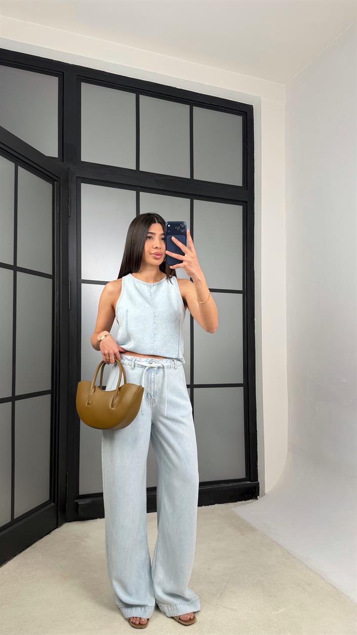 Buz Mavi Fermuarlı Bluz Beli Kuşaklı Pantolon İkili Denim Takım GAUS-01380 GAUS-01379
