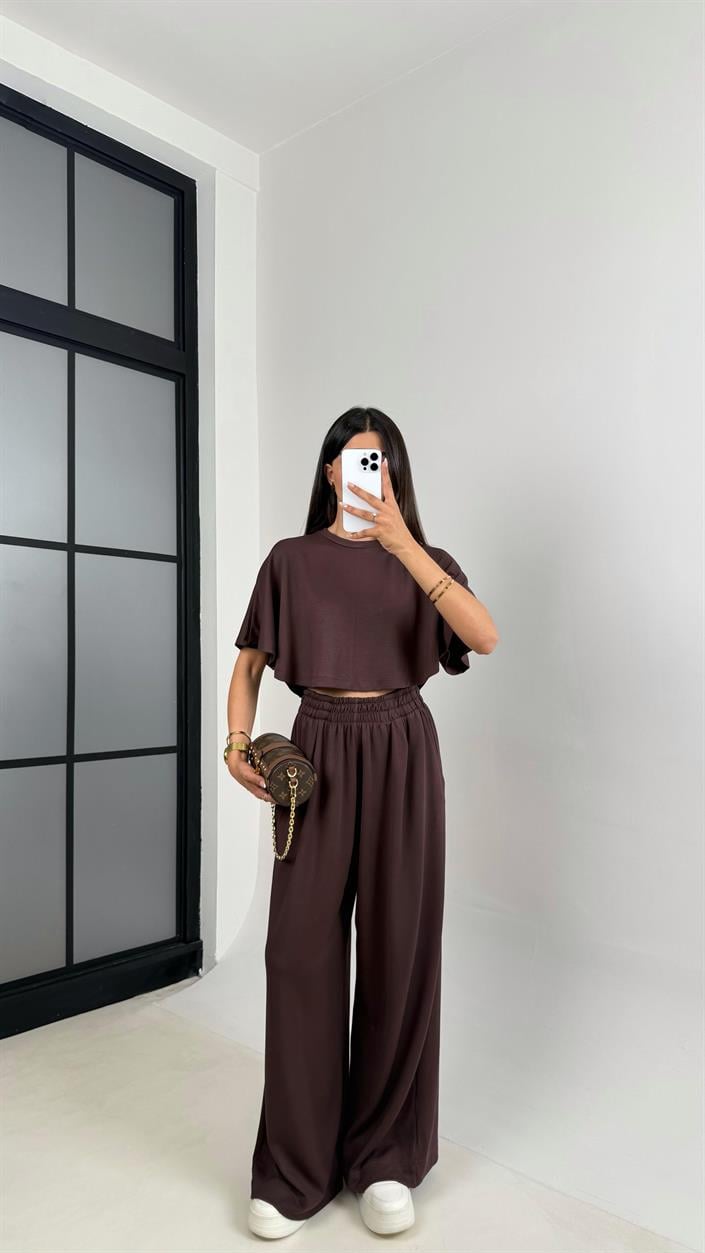 Kahve Crop Beli Lastikli Palazzo Eşofman İkili Modal Kumaş Takım GAUS-01219