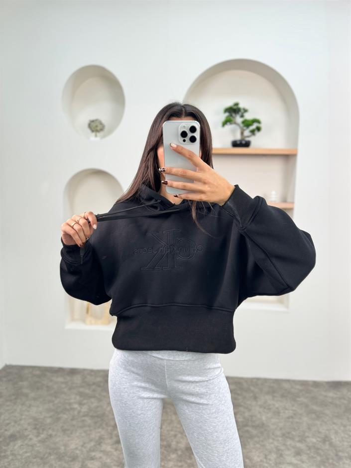 Jime Siyah Muadil Crop Kapüşonlu Şardonlu Sweatshirt