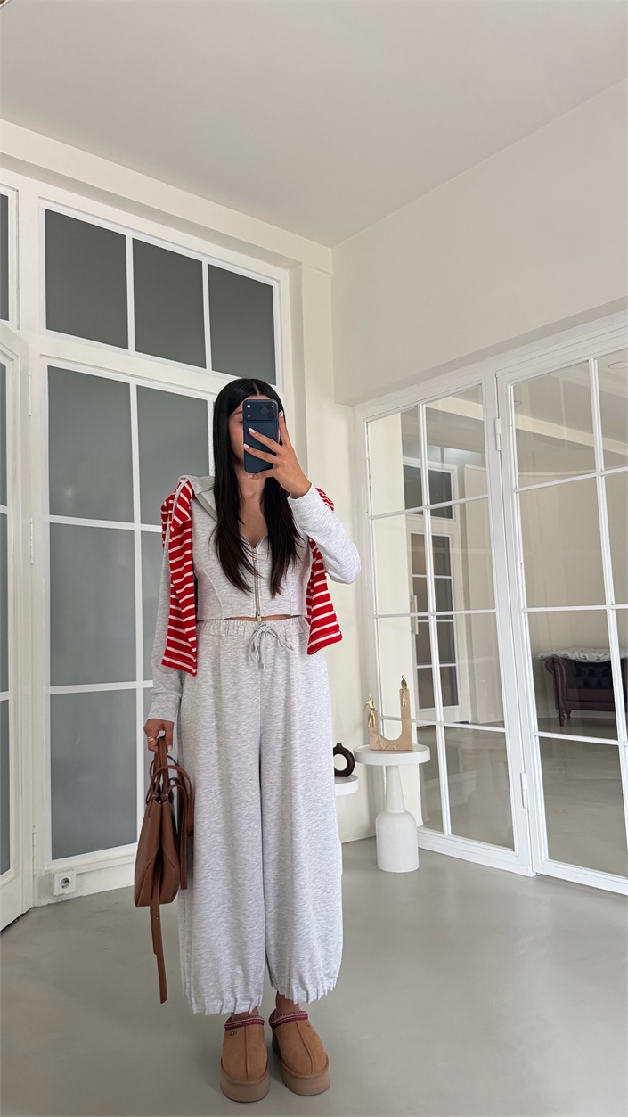 Gri Kapüşonlu Hırka Beli Lastikli Geniş Paça Pantolon İkili OYS Modal Kumaş Takım GAUS-02152
