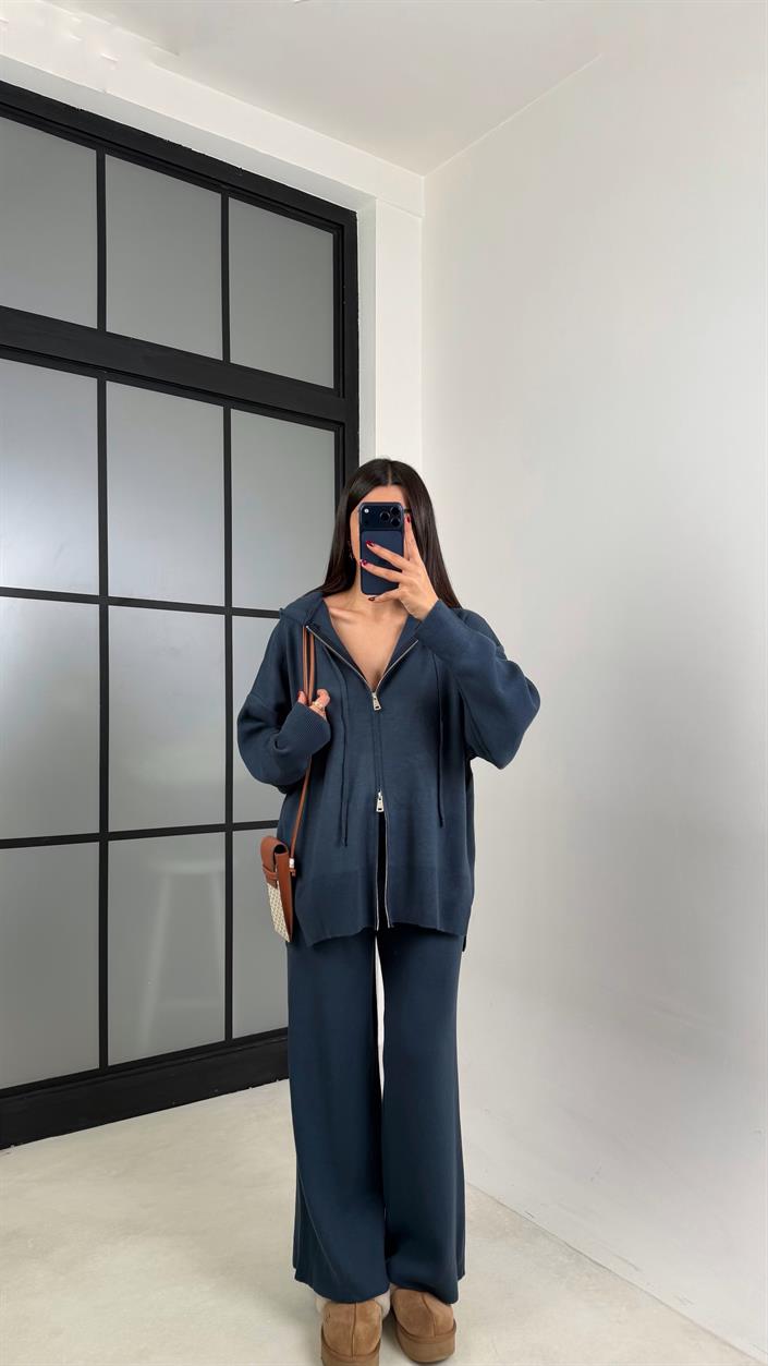 Lacivert Çift Fermuarlı Kapüşonlu Hırka Beli Lastikli Pantolon İkili Triko Takım GAUS-00676
