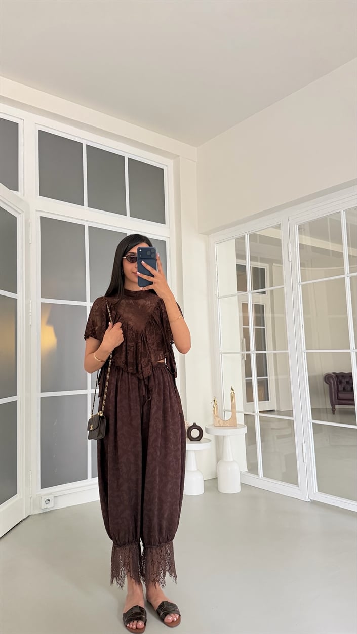 Kahve Beli Lastikli Dantel Detaylı Pinterest Şalvar GAUS-01763