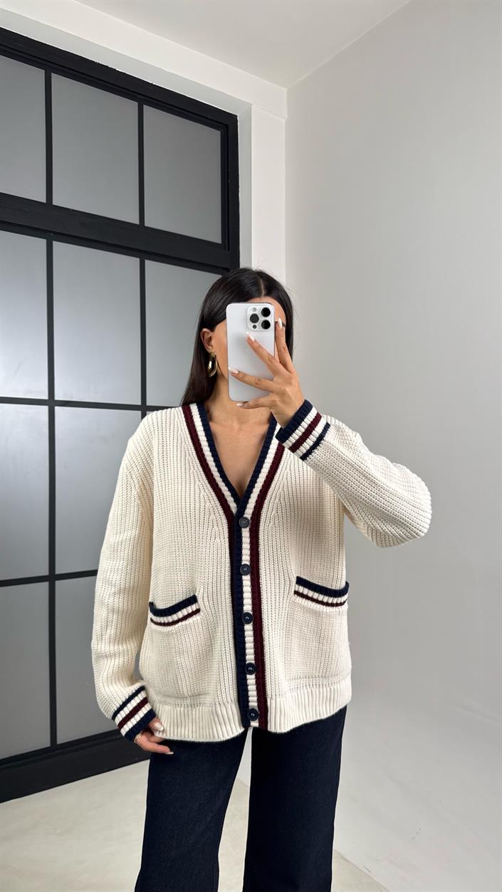 Ekru Şerit Detaylı Örgü Triko Hırka GAUS-00536