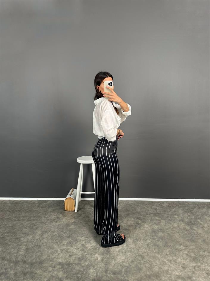 Ryn Siyah Saten Çizgili Zr Model Pantolon