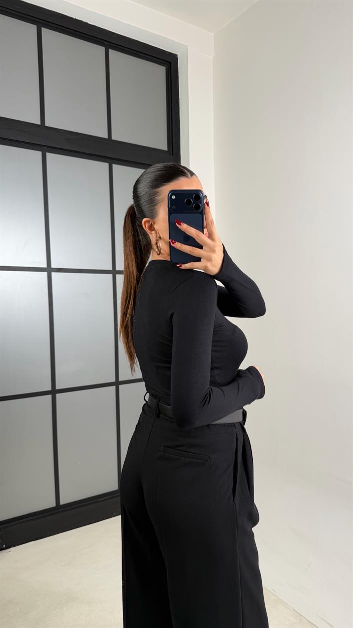 Siyah Pile Detaylı Kemerli Kumaş Pantolon GAUS-00695