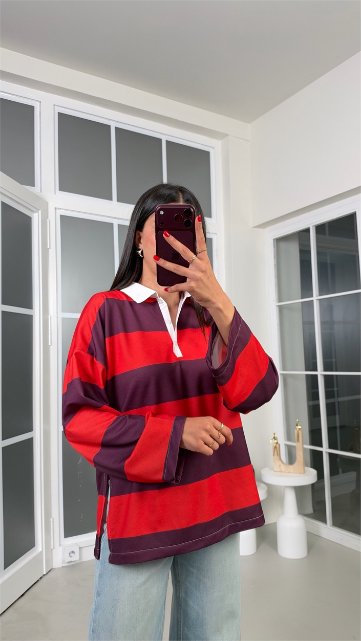 Kırmızı Polo Yaka Şeritli Bluz GAUS-02306