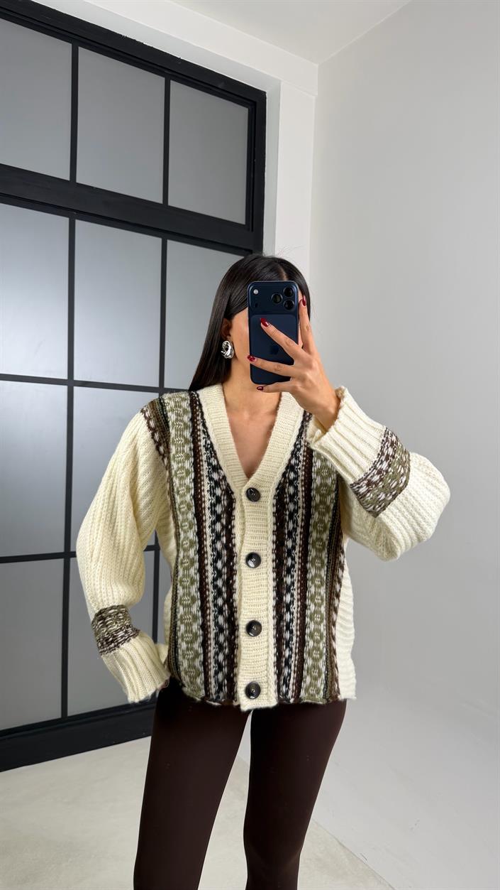 Ekru Örgü Desenli Triko Hırka GAUS-00690