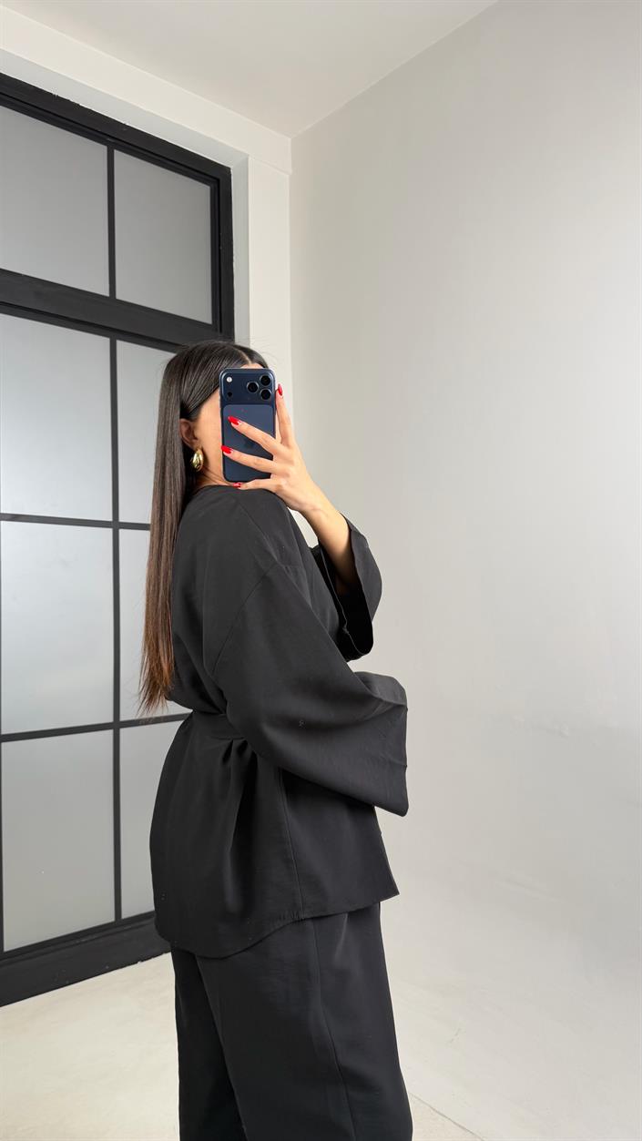 Siyah Tek Düğmeli Kuşaklı Ceket Beli Lastikli Pantolon Modal Takım GAUS-00985