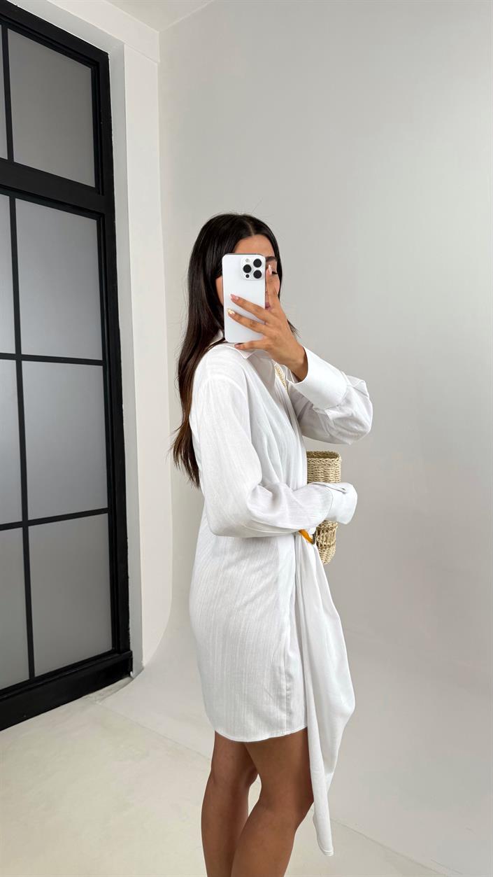 Beyaz Toka Detaylı Premium Keten Elbise Gaus00689