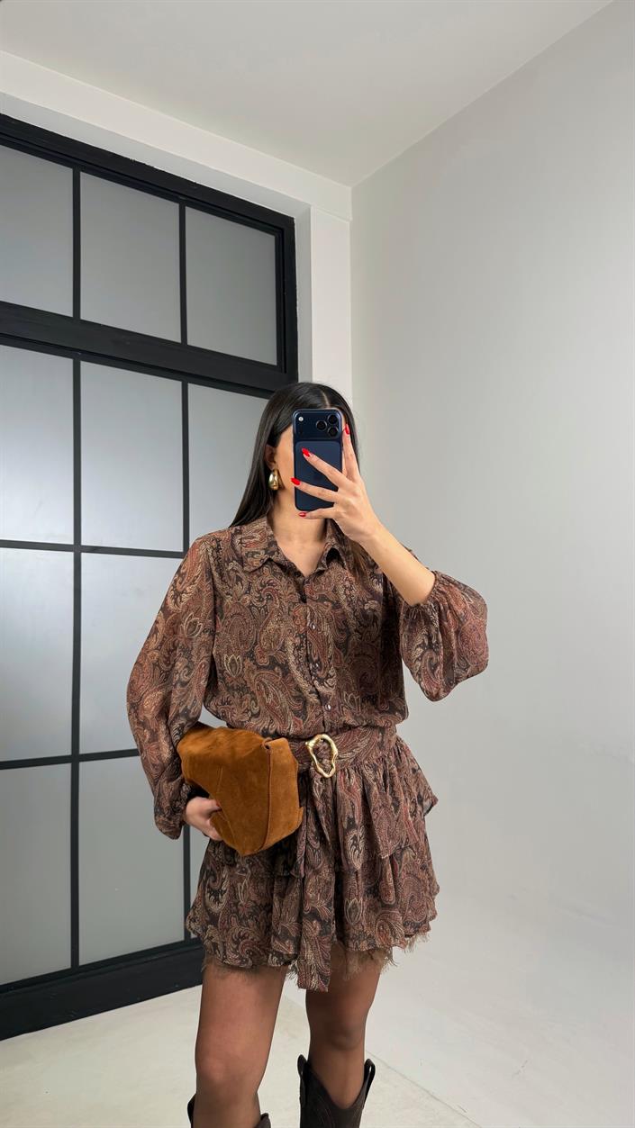 Kahve Desenli Kuşaklı Astarlı Tasarım Şifon Elbise GAUS-01007