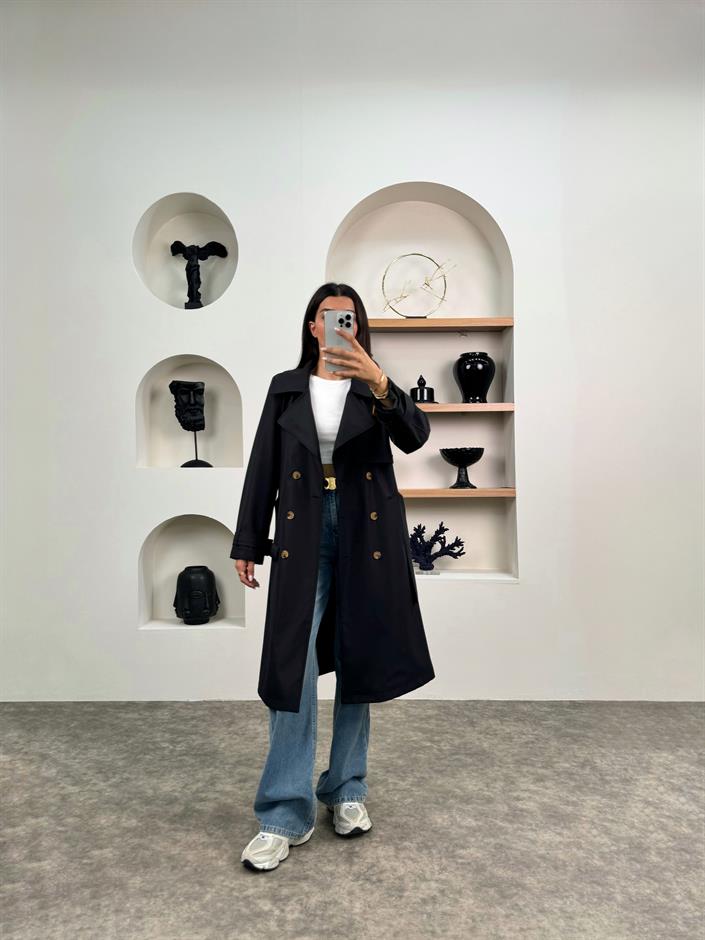 Hana Siyah Premium Kemerli Trençkot