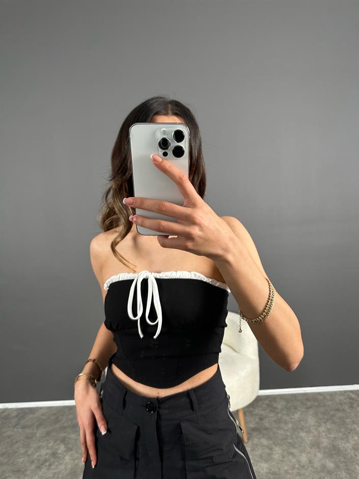 Siyah Şeritli Fırfırlı Straplez 