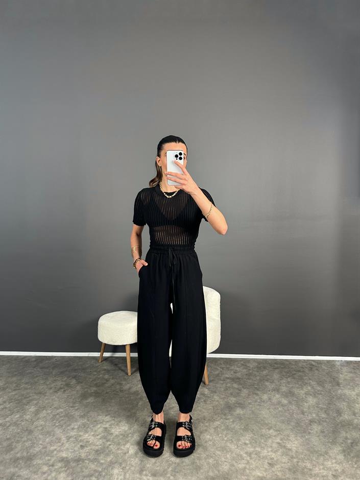 Siyah Paçası Fermuarlı Şalvar Pantolon 