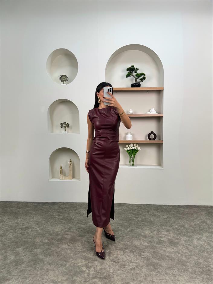 Belis Bordo İçi Şardonlu Deri Elbise