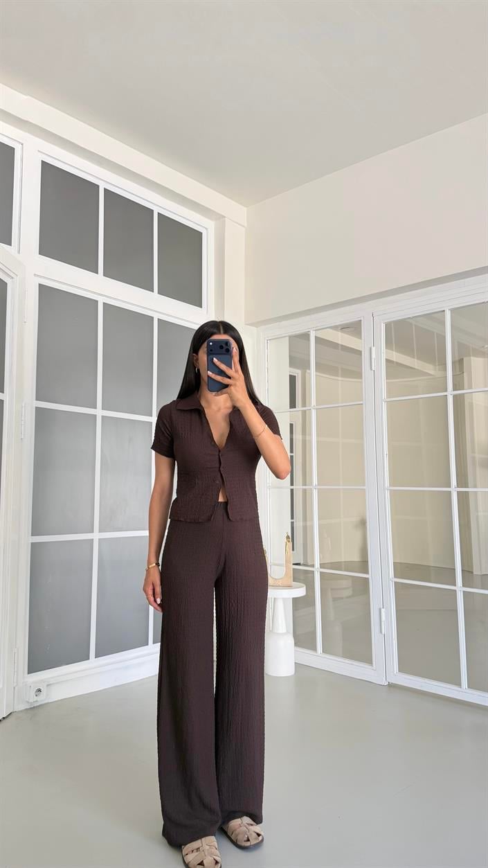 Acı Kahve Crop Bluz Beli Lastikli Pantolon Bürümcük Takım GAUS-01555