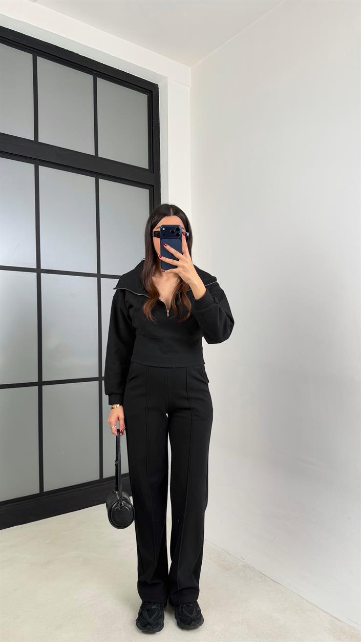 Siyah Fermuarlı Kazak Beli Lastikli Pantolon İkili Selanik Kumaş Takım GAUS-00781