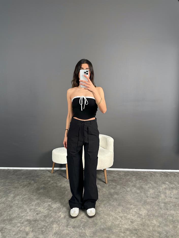 ZR Model Siyah Fermuarlı Paraşüt Pantolon 