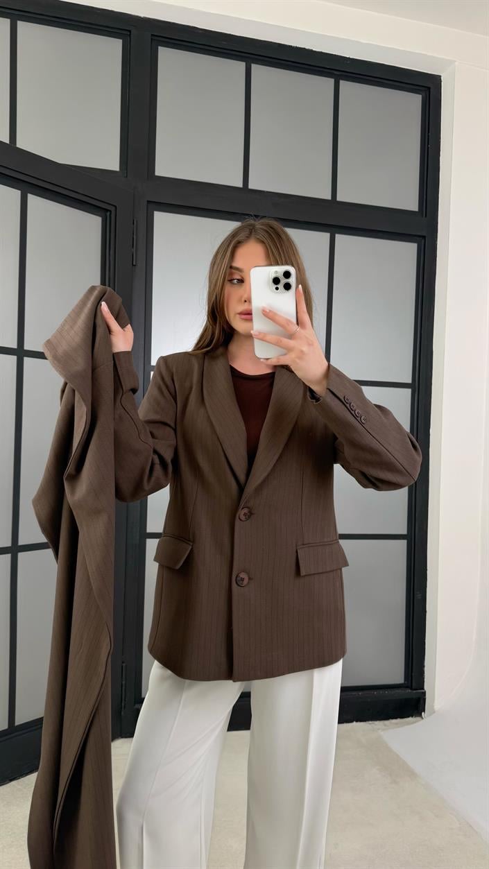 Kahve Çizgili Şal Detaylı Blazer Ceket GAUS-01167