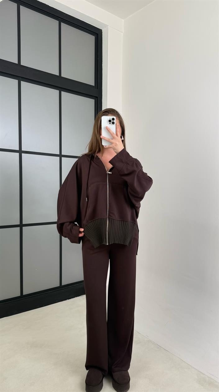Acı Kahve Ribanalı Kapüşonlu Hırka Beli Lastikli Pantolon Modal Takım GAUS-00697