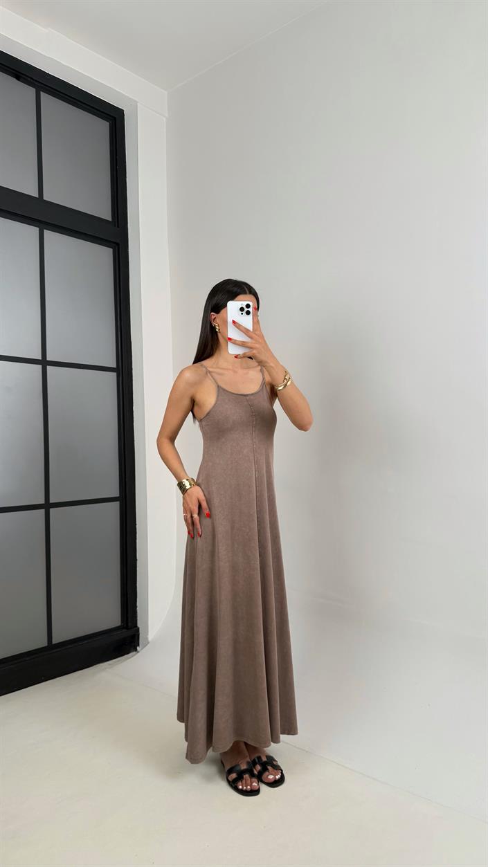Kahve Yıkamalı Basic Ayarlanabilir Askılı Modal Kumaş Elbise Gaus00472