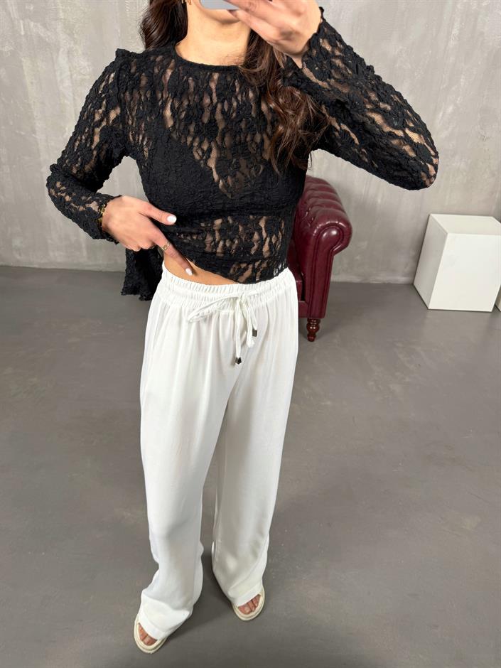 İvo Beyaz Belden İpli Viskon Karışımlı Pantolon