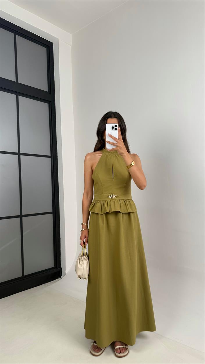 Yeşil Gold Toka Detaylı Bluz Beli Lastikli Etek İkili Takım Gaus00678