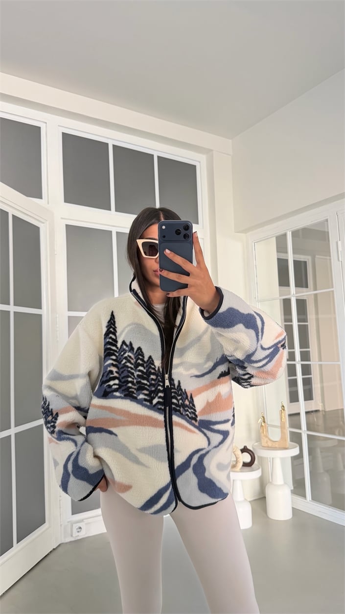 Ekru Ağaç Desenli Polar Sweatshirt GAUS-01909