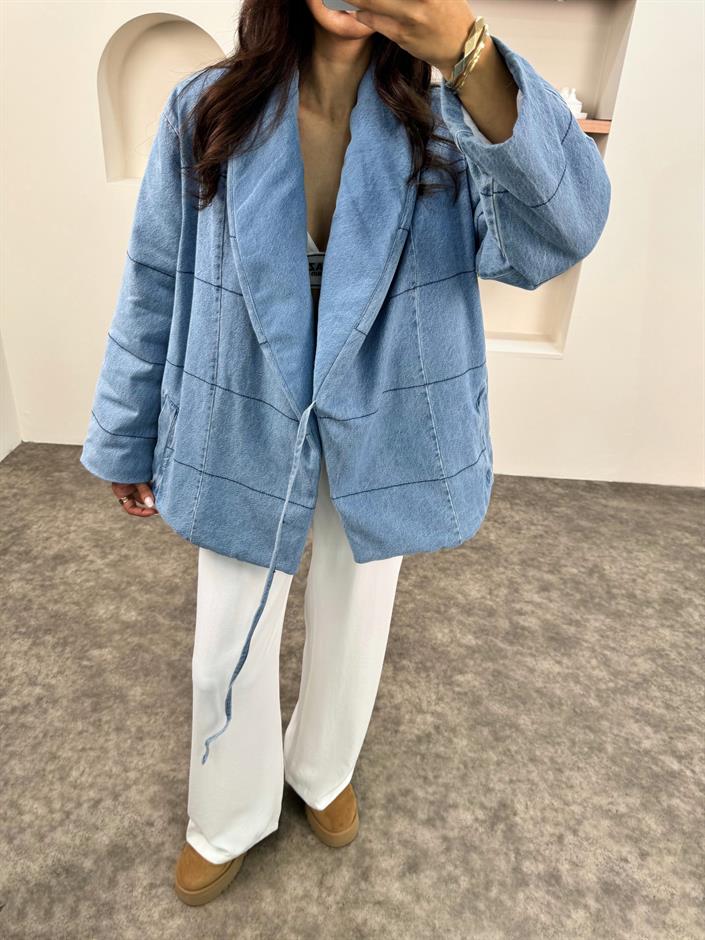 Rozi Mavi Astarlı Yandan Bağlamalı Denim Mont