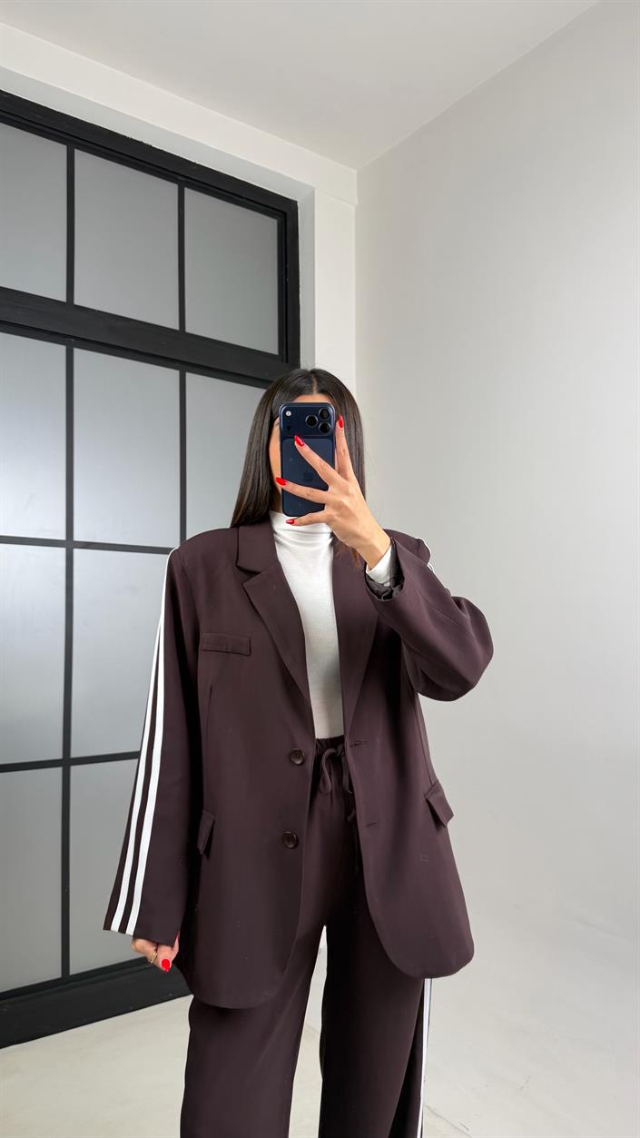 Acı Kahve Astarlı Vatkalı Blazer Ceket Beli Lastikli Pantolon Şerit Detaylı Tencel Kumaş Takım GAUS-00934