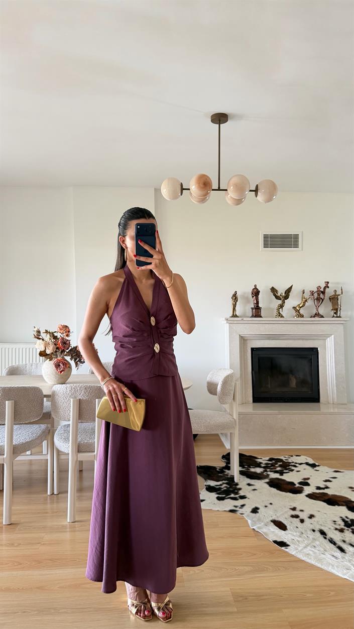 Mürdüm Halter Yaka Gold Toka Detaylı Bluz Etek İkili Premium Takım GAUS-01631