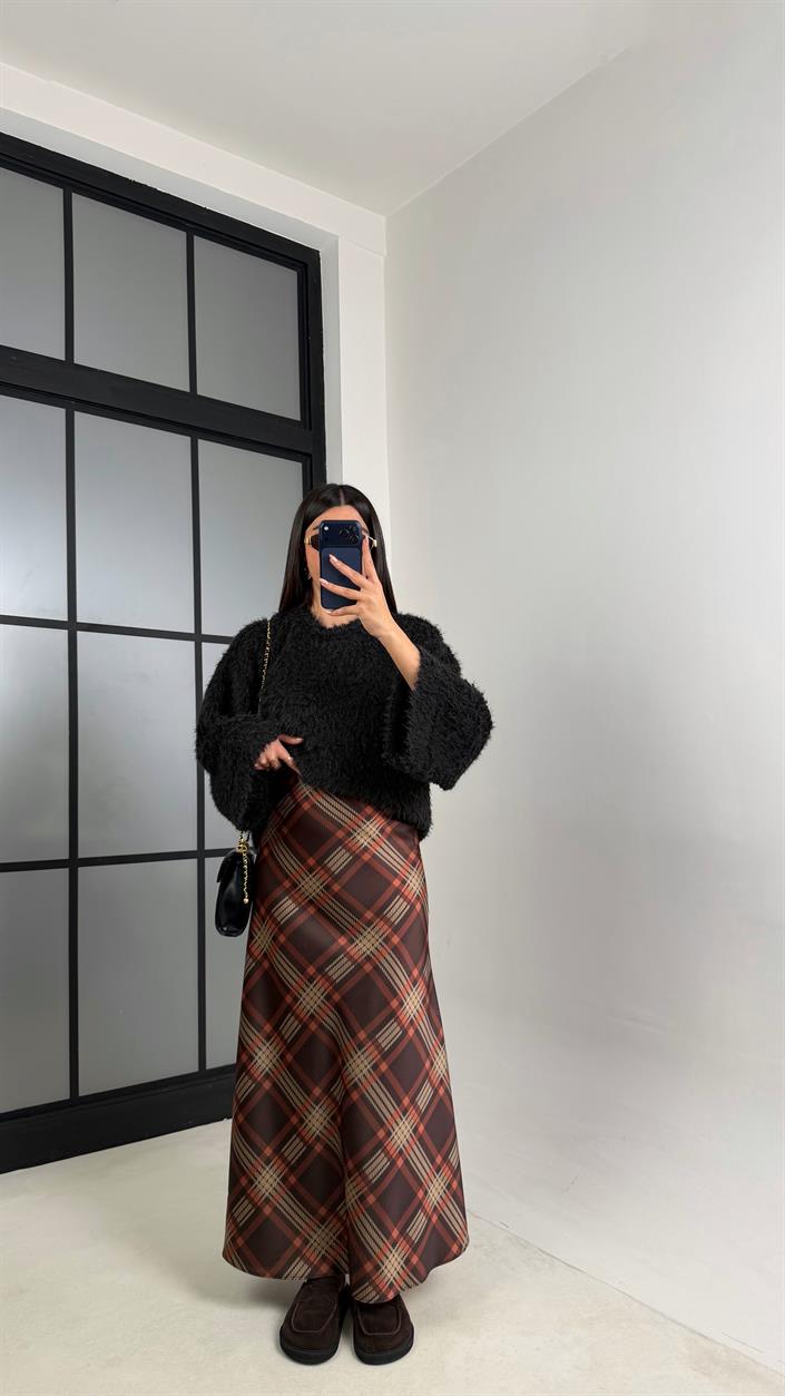 Kahve Ekose Desenli Beli Lastikli Saten Etek GAUS-00820 GAUS-00819