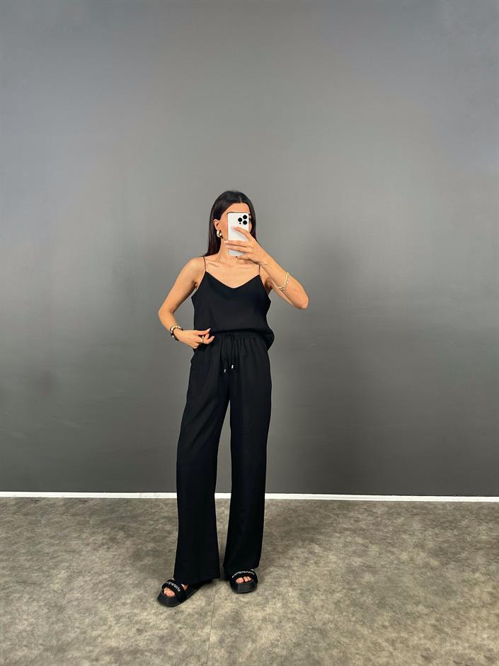 Lily Siyah Tensel Askılı Bluz Pantolon İkili Takım