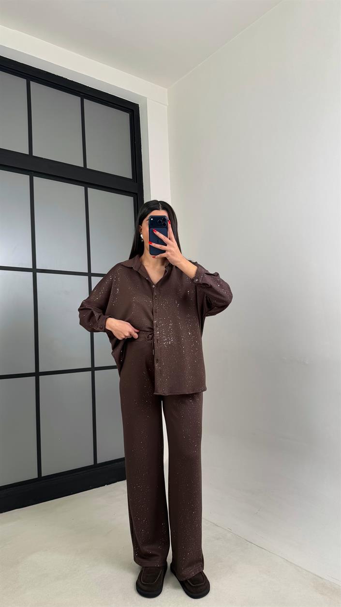 Kahve Gömlek Beli Lastikli Pantolon Premium Simli Takım GAUS-01013 GAUS-01014
