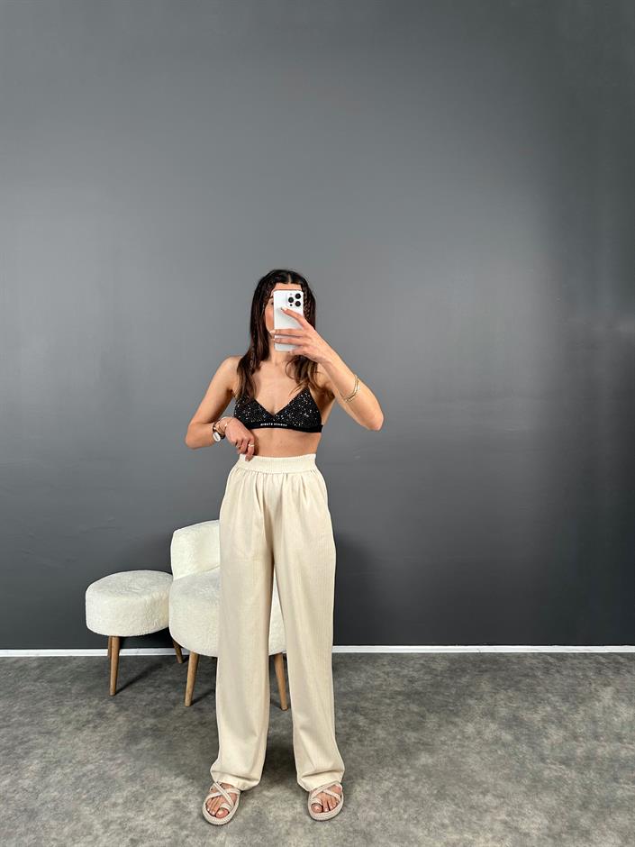 Gabardin Beli Lastikli Palazzo Pantolon 