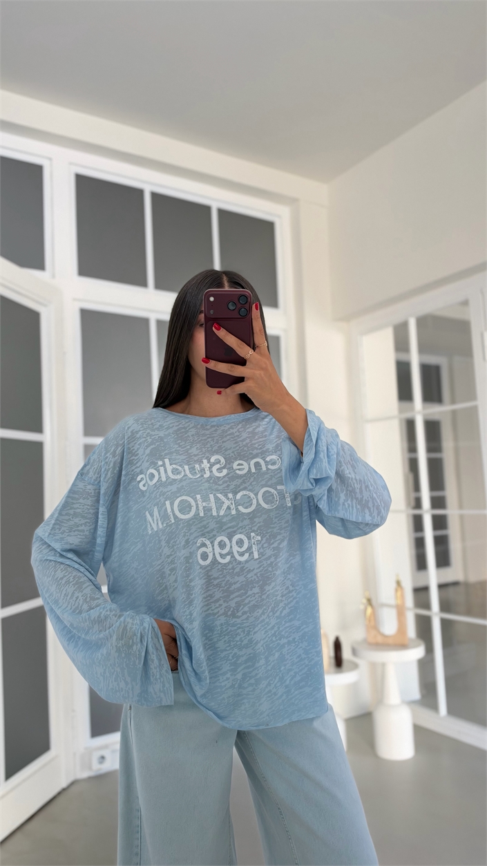 Mavi Yazı Baskılı Oversize Tshirt GAUS-02243