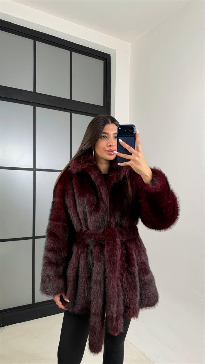 Bordo Astarlı Kuşaklı Premium Kürk GAUS-00649