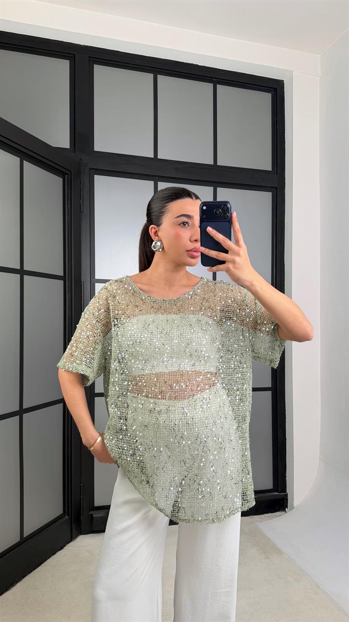 Mint Yeşili Muadil Pul İşleme Detaylı İthal Oversize Tshirt GAUS-01187